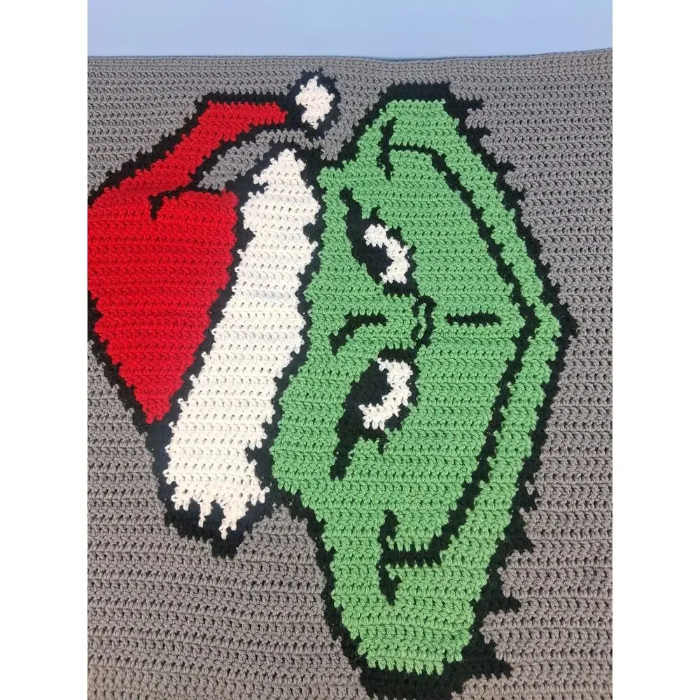 Handmade Crocheted Grinch Blanket 48 × 28 Green Grey Christmas Playful Winter